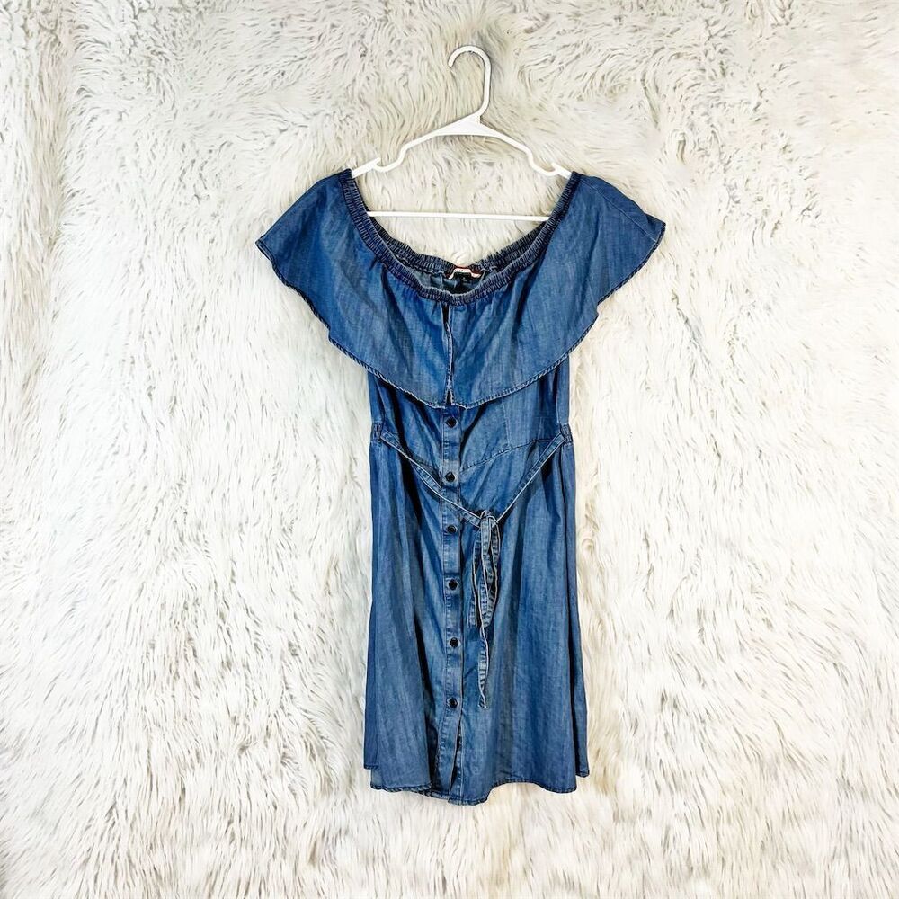 Tommy Hilfiger Women's Blue Off-The-Shoulder Denim Knee Dress - Picture 1 of 3